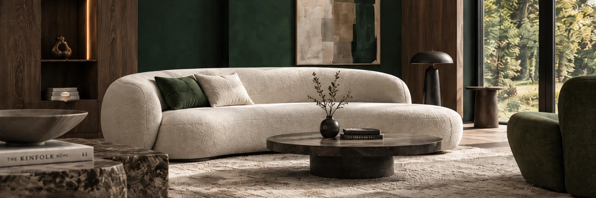 A curved ivory sofa and a round stone table against a deep green wall, by a window onto the trees