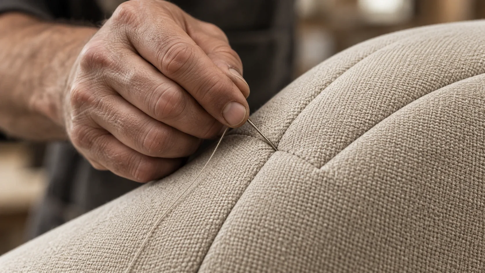 A hand stitching the seam of a linen-upholstered sofa