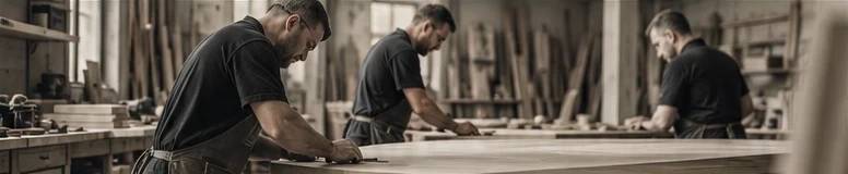 Three craftsmen at work on a long timber bench in the workshop