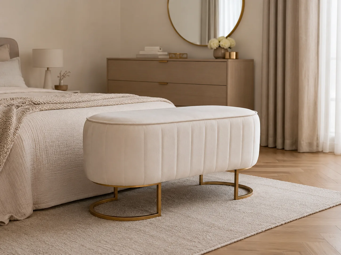 Cream channel-tufted bench on a slim brass frame