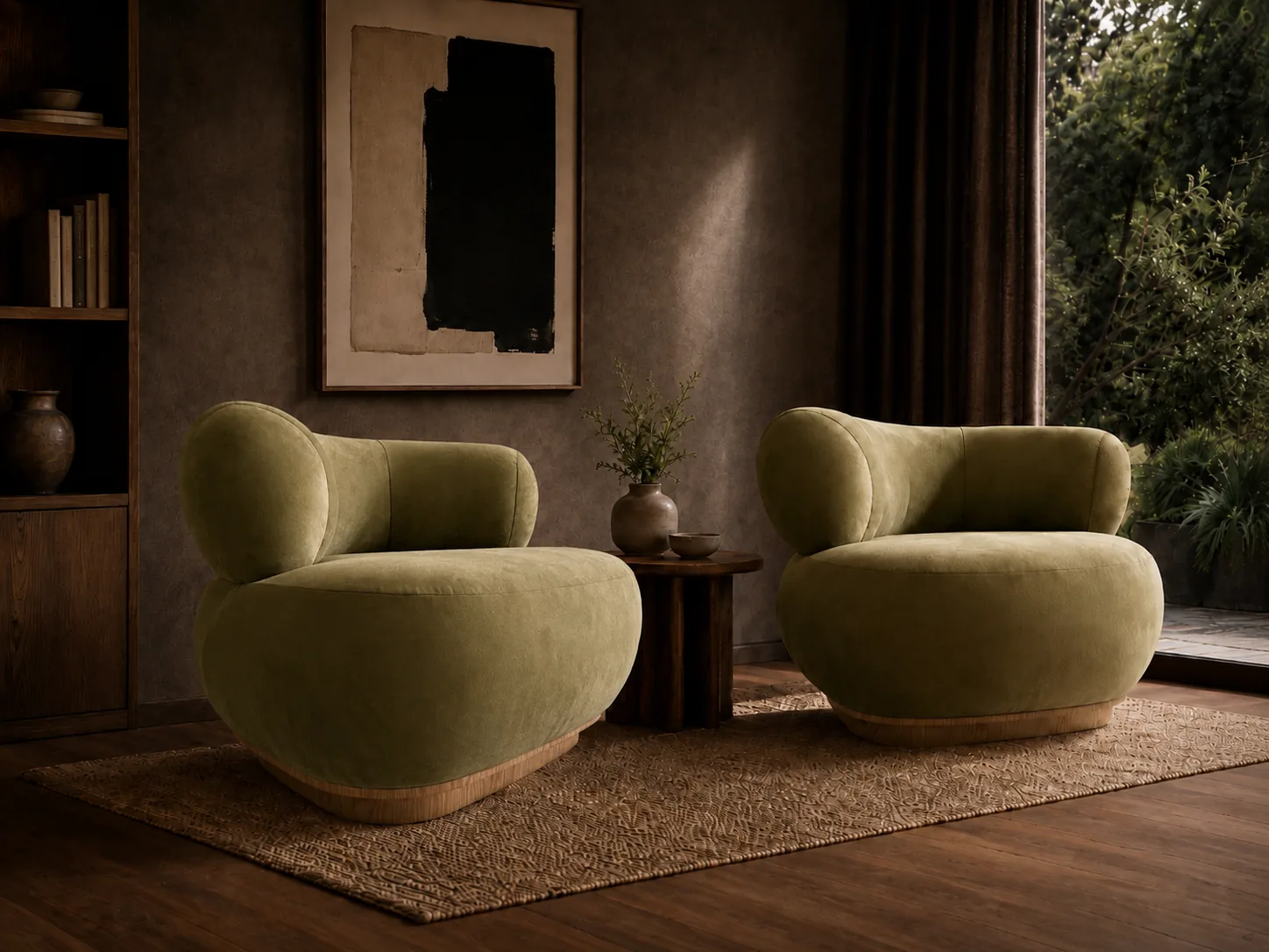 Olive green pebble armchairs on rounded timber bases