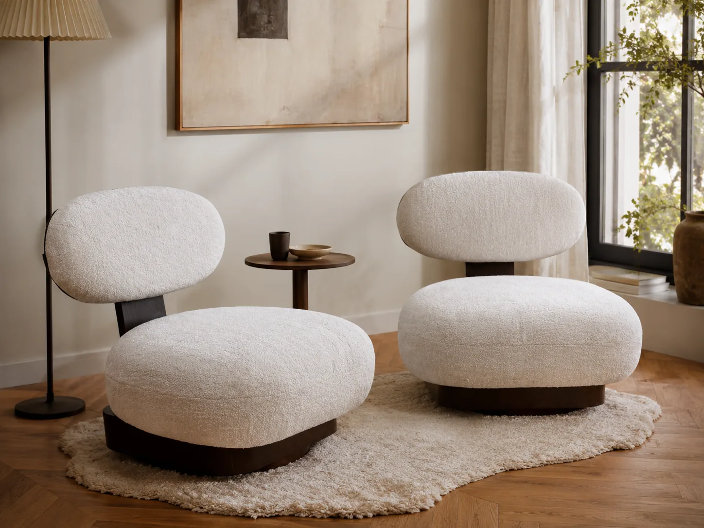 Cream bouclé pebble armchairs on dark rounded bases