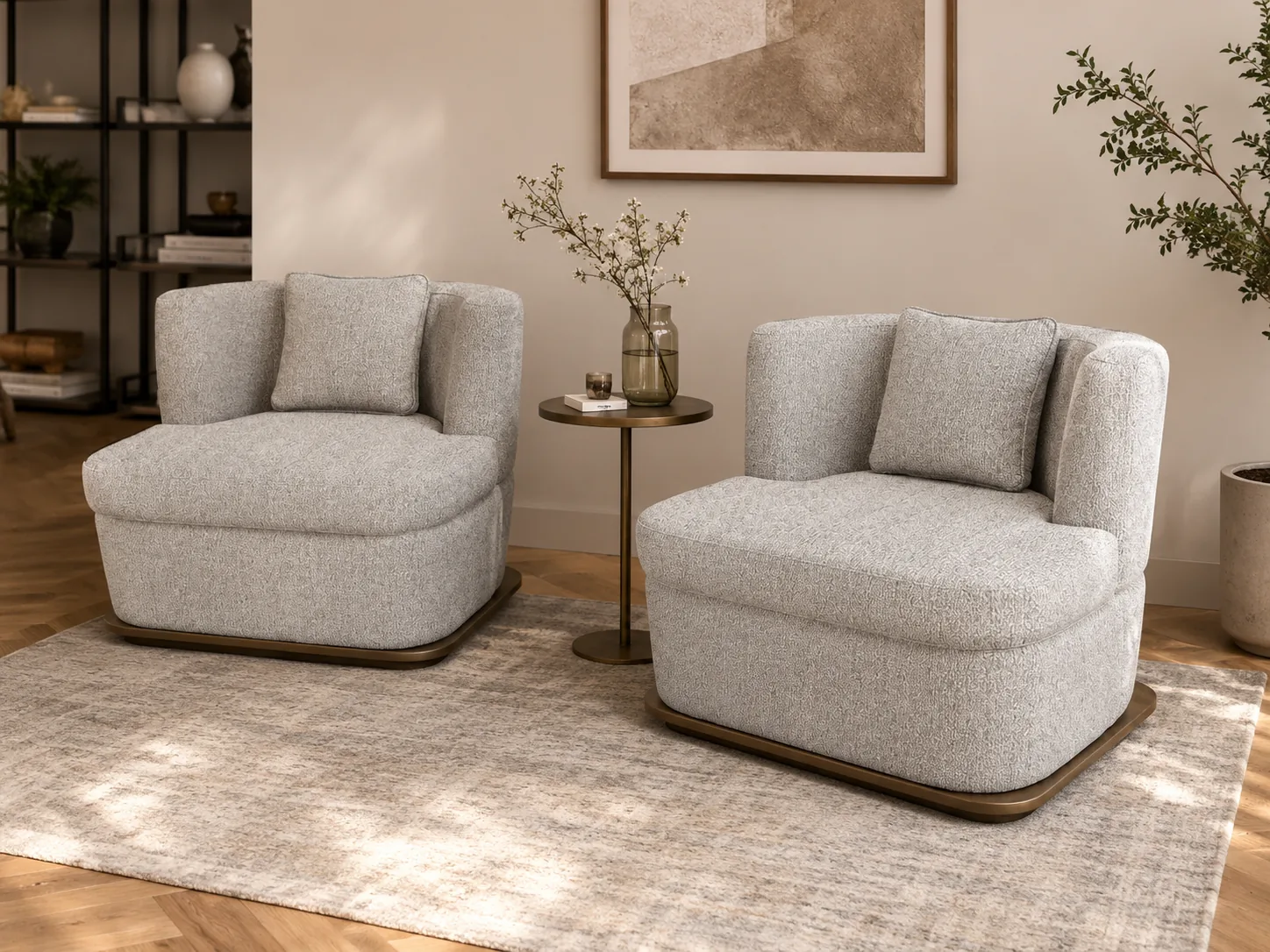 Low cream bouclé armchairs on timber plinths