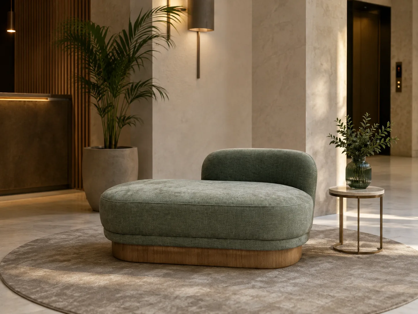 Sage green bouclé daybed on a curved timber base
