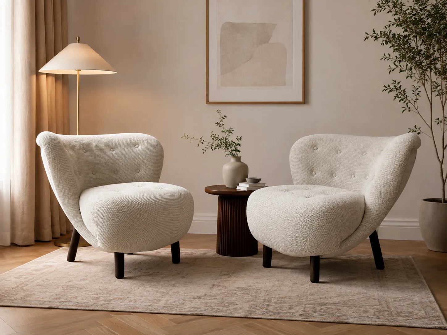 Cream bouclé armchairs with scalloped and buttoned backs