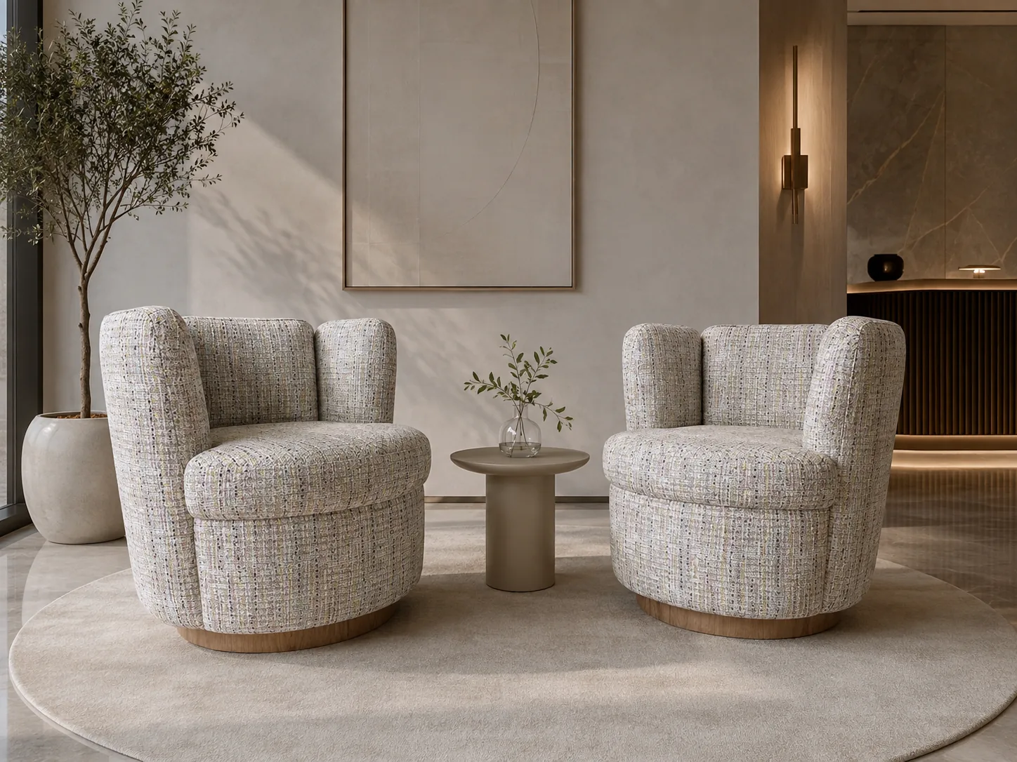 Cream tweed swivel tub chairs on pale wood bases