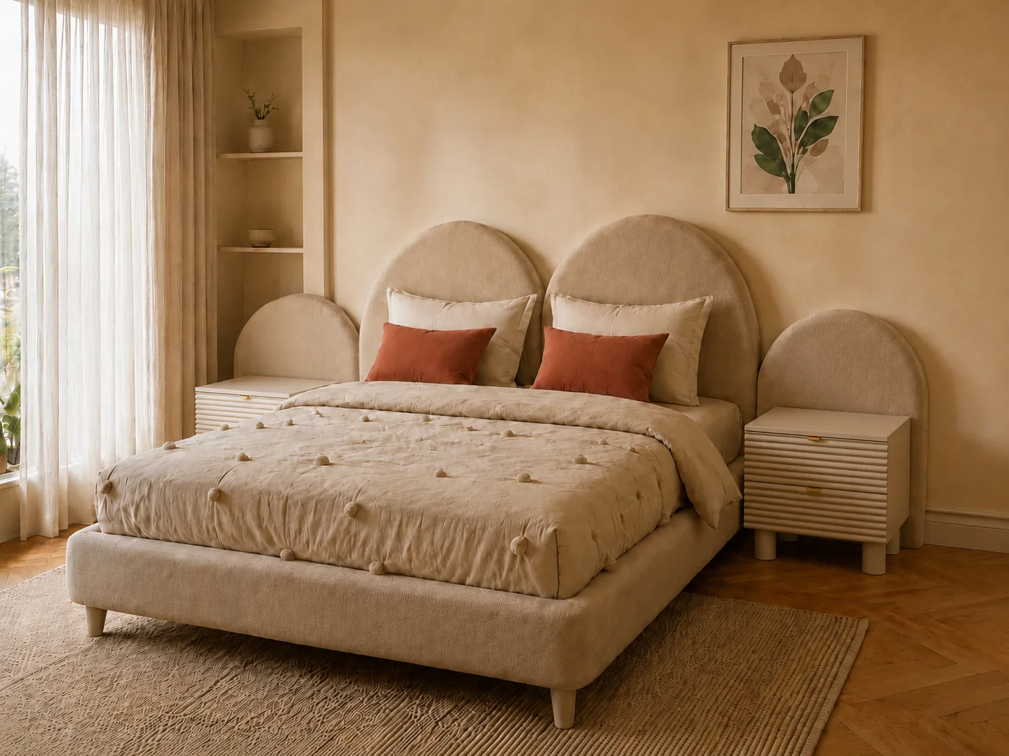 Beige bed with twin arched headboard panels
