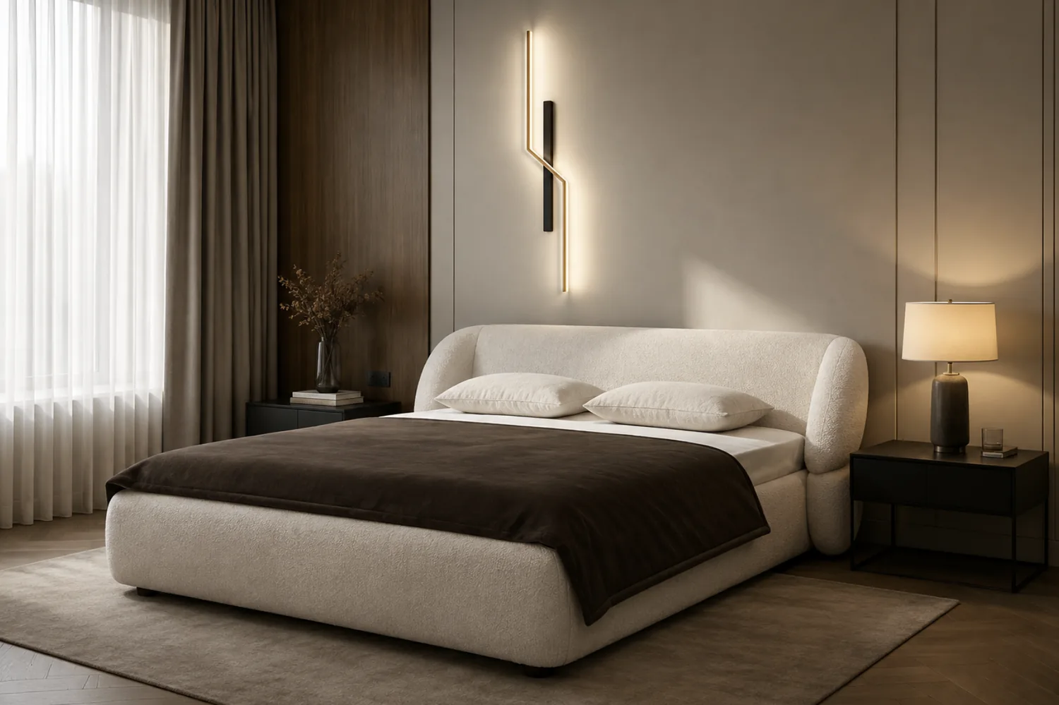 Cream bouclé bed with a softly curved headboard
