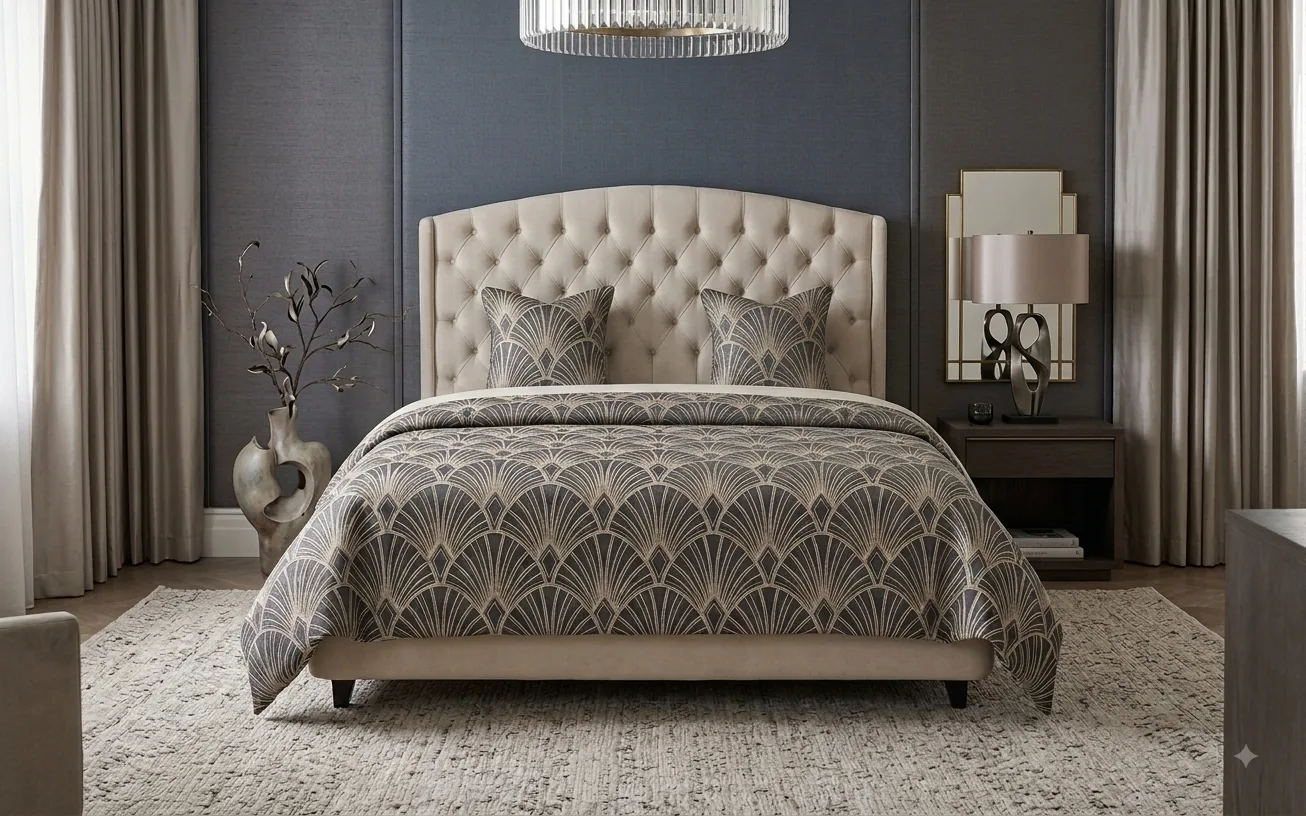 Cream bed with a tall deep-buttoned headboard