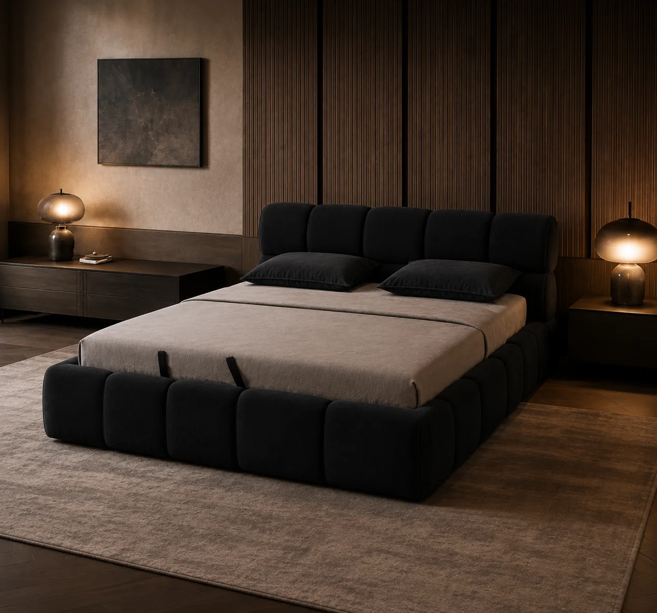 Charcoal tufted bed against a timber slat wall