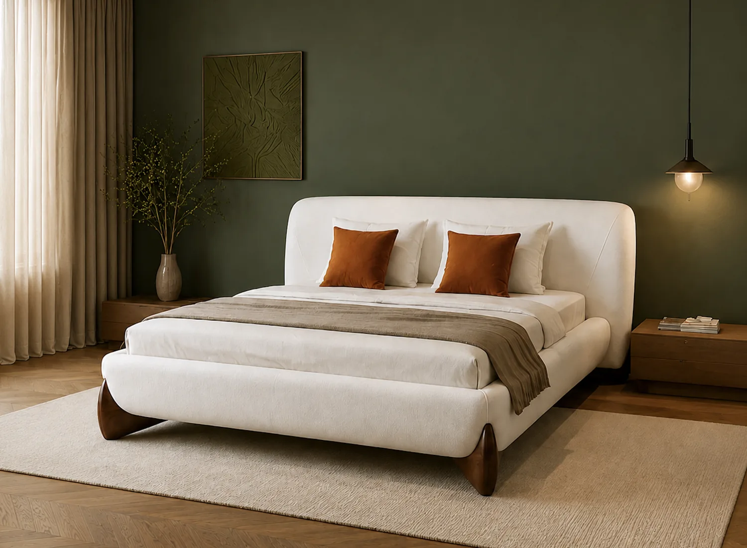 Cream curved bed on sculpted timber feet