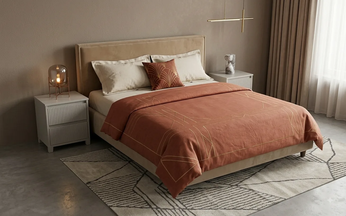 Cream bed with a flat panelled headboard