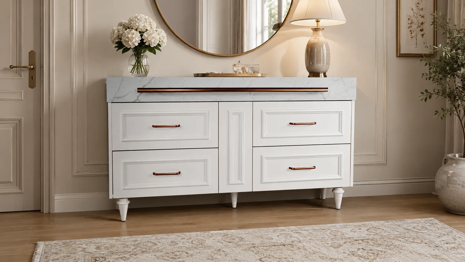 White panelled dresser with leather pulls and a stone top