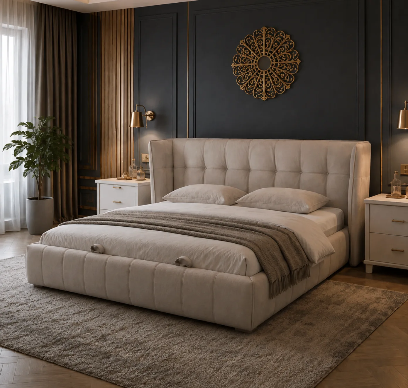 Beige tufted bed against a dark panelled wall