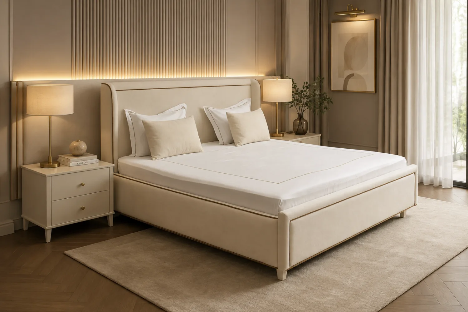 Cream bed with a winged upholstered headboard