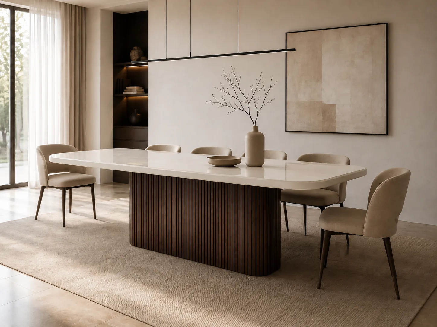 Fluted timber dining table with upholstered chairs