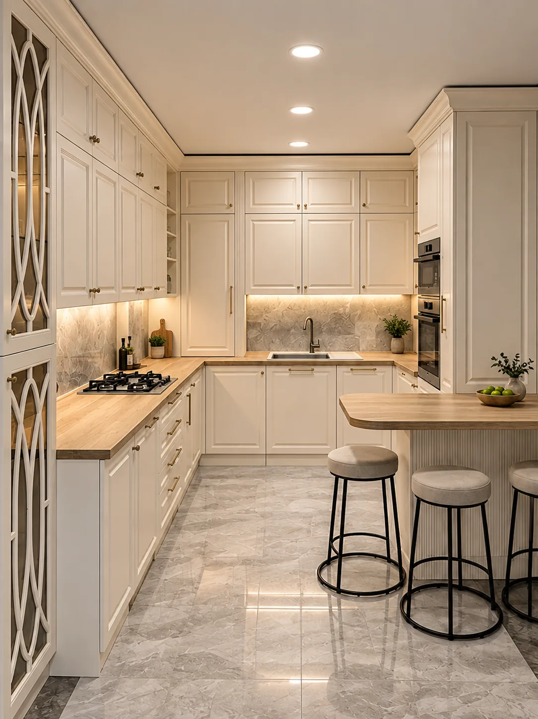Cream kitchen with glazed oval-fretwork cabinetry, oak worktop and marble splashback — breakfast bar