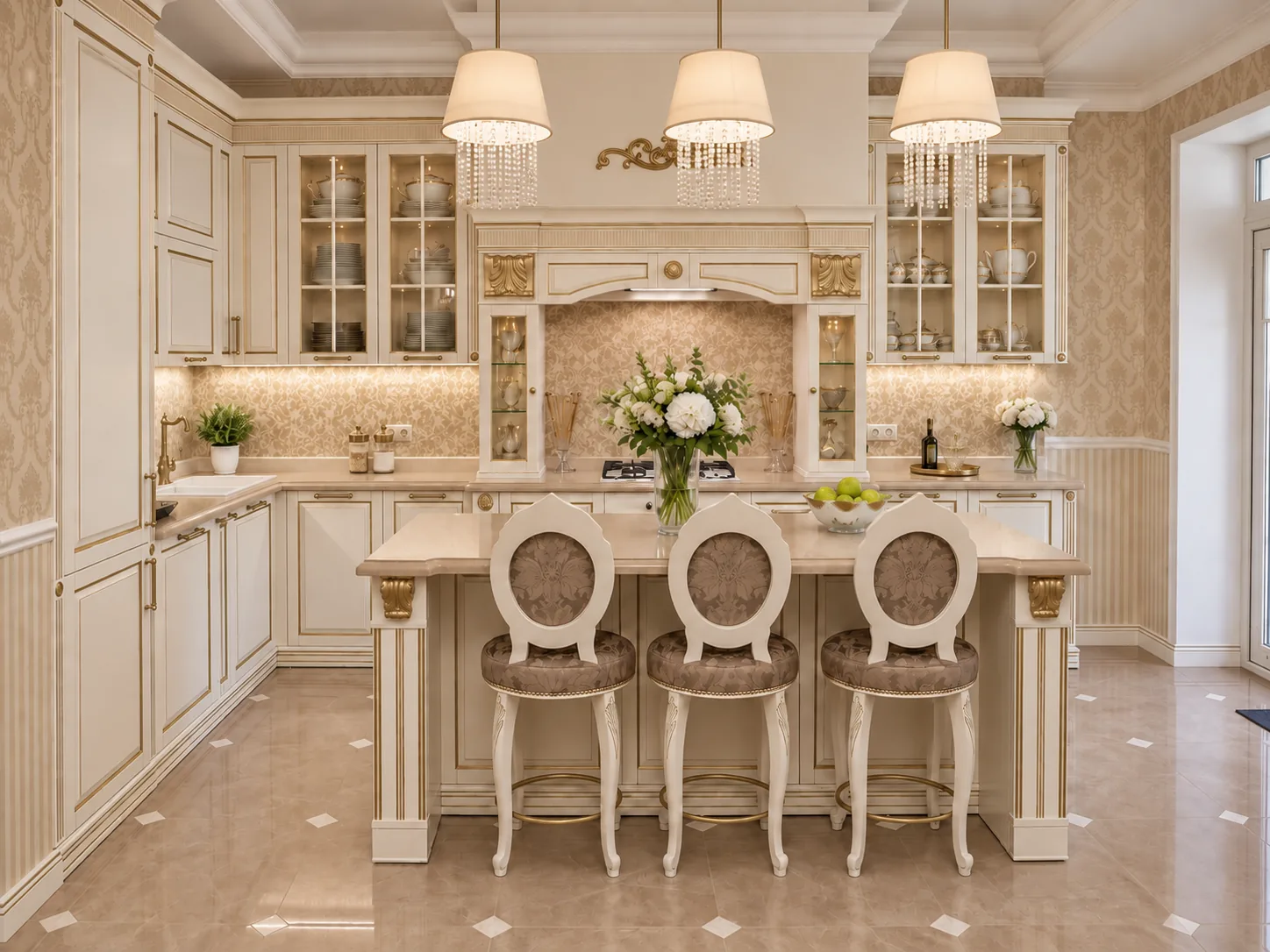 Classical cream kitchen with gilded corbels, carved hood and patterned splashback