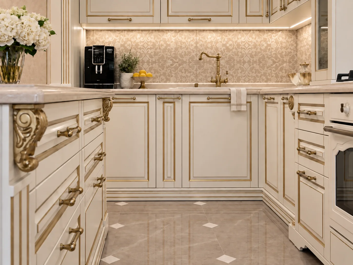 Classical cream kitchen with gilded corbels, carved hood and patterned splashback — preparation run