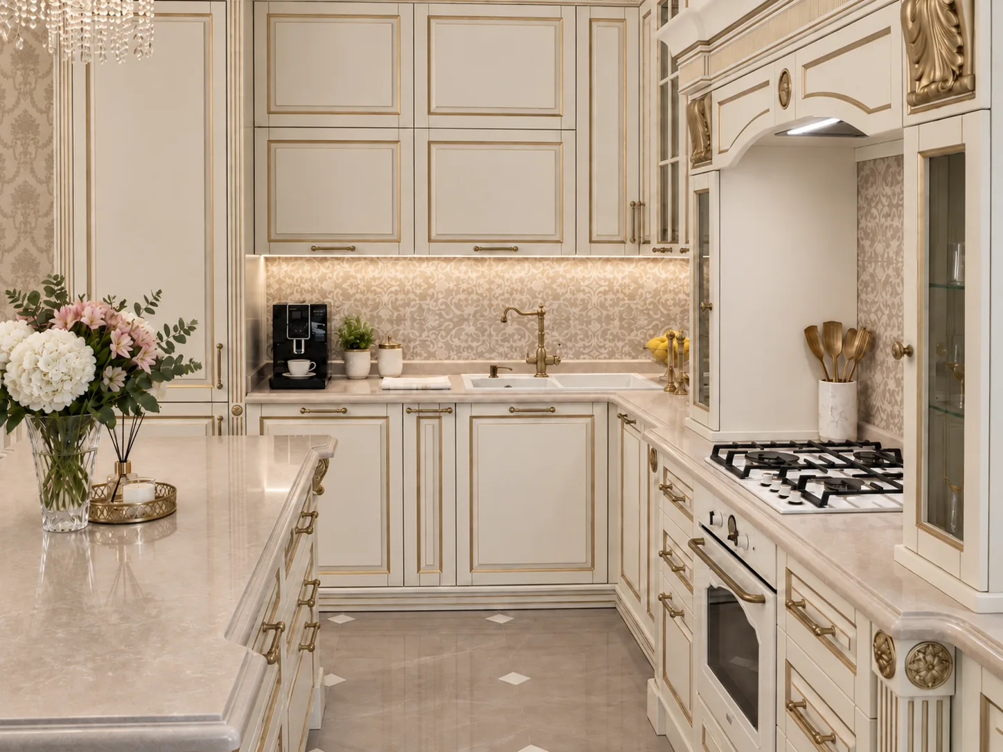Classical cream kitchen with gilded corbels, carved hood and patterned splashback — carved hood