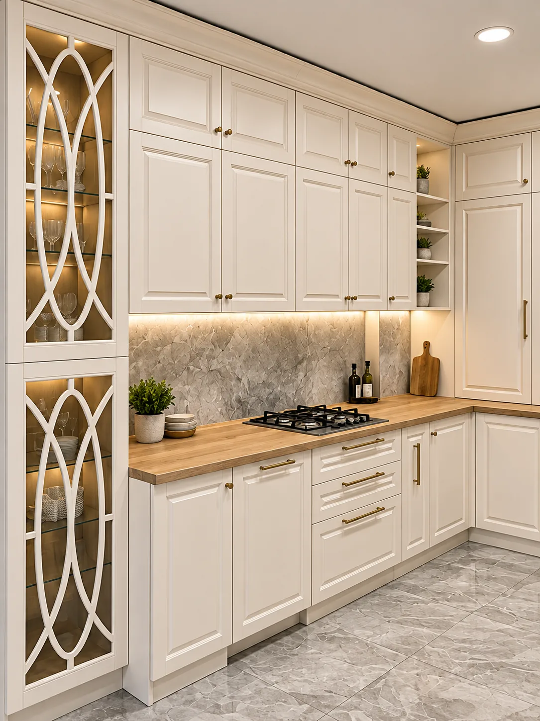 Cream kitchen with glazed oval-fretwork cabinetry, oak worktop and marble splashback
