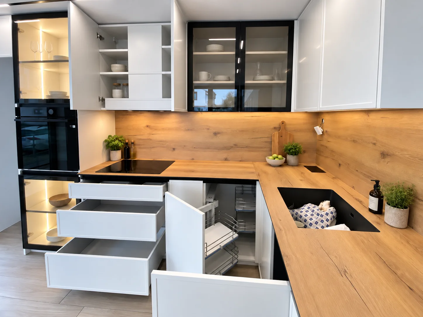 Handleless white kitchen with oak worktop, black-framed glazed cabinetry and lit interiors — lit interiors