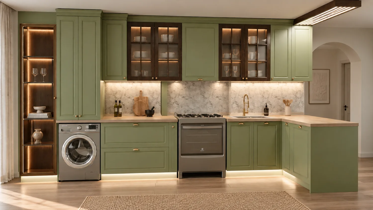 Sage green kitchen with glazed upper cabinets and integrated laundry
