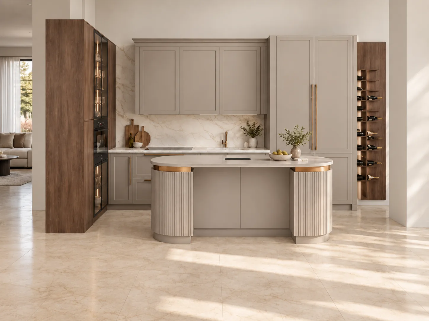Taupe kitchen with a fluted island and a glazed wine store