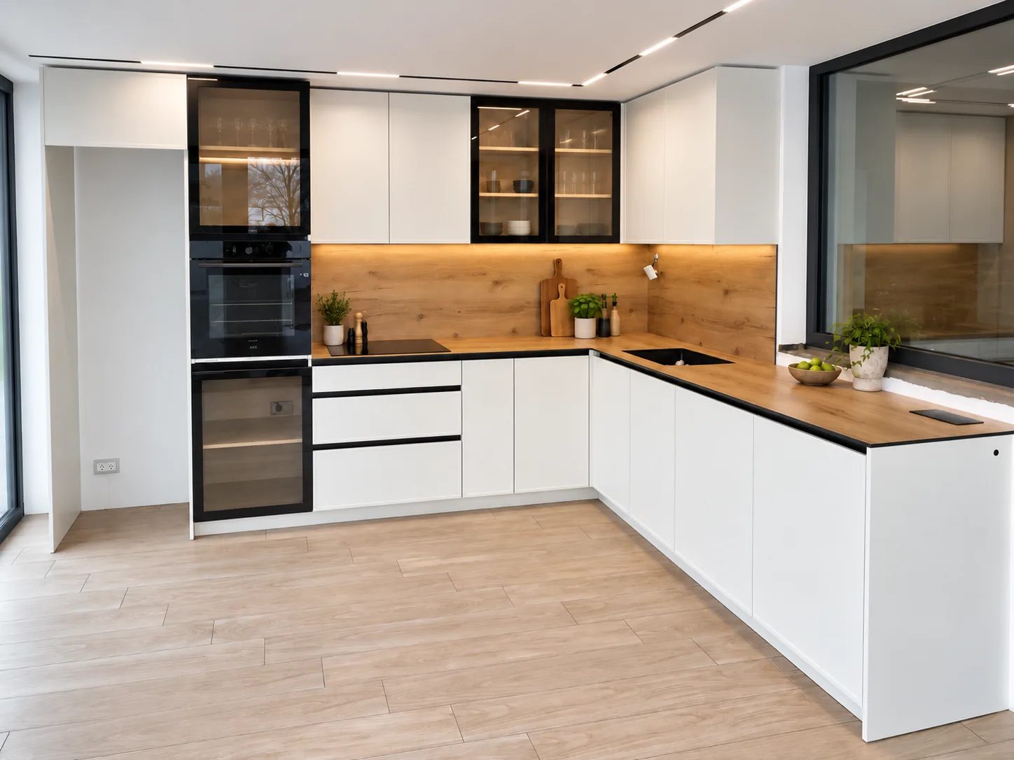Handleless white kitchen with oak worktop, black-framed glazed cabinetry and lit interiors