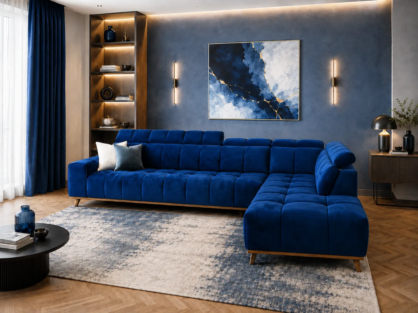 Blue velvet tufted corner sofa with a matching ottoman