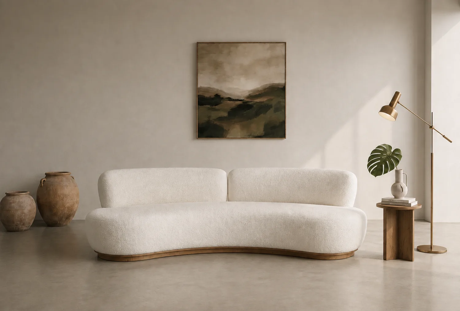Cream bouclé arc sofa on a pale timber plinth