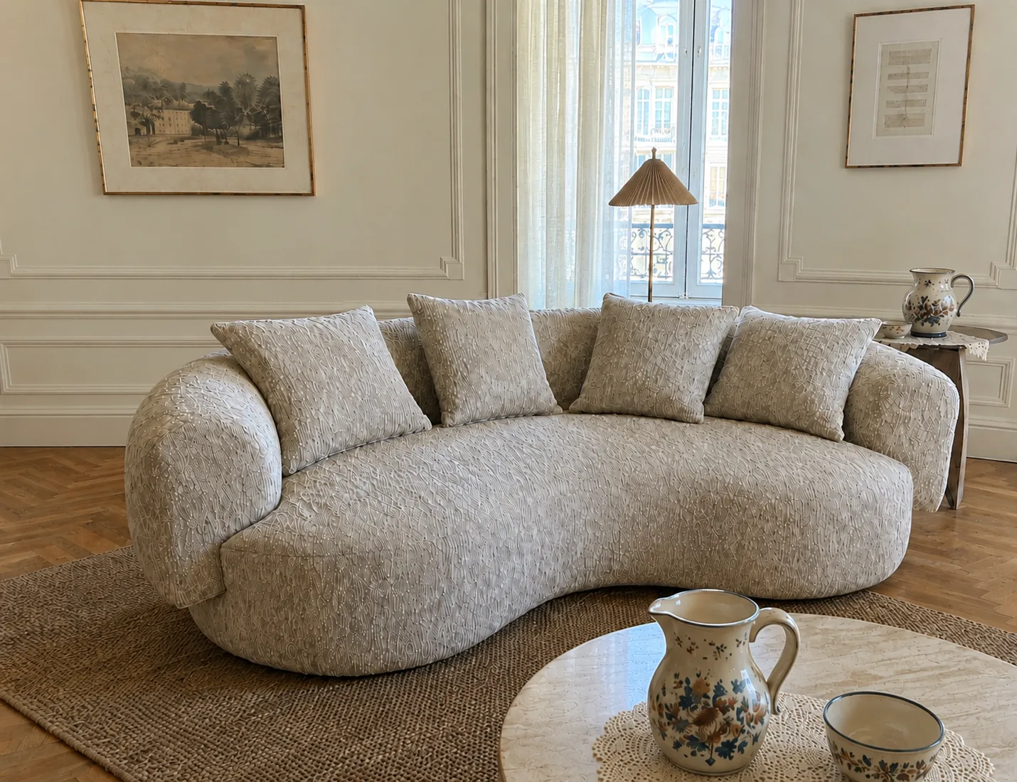 Cream bouclé kidney-shaped sofa with scatter cushions