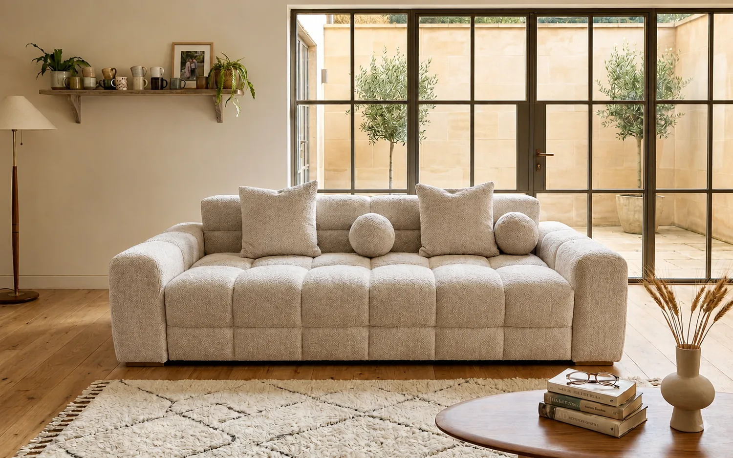 Cream bouclé sofa with deep tufted seat and bolster cushions