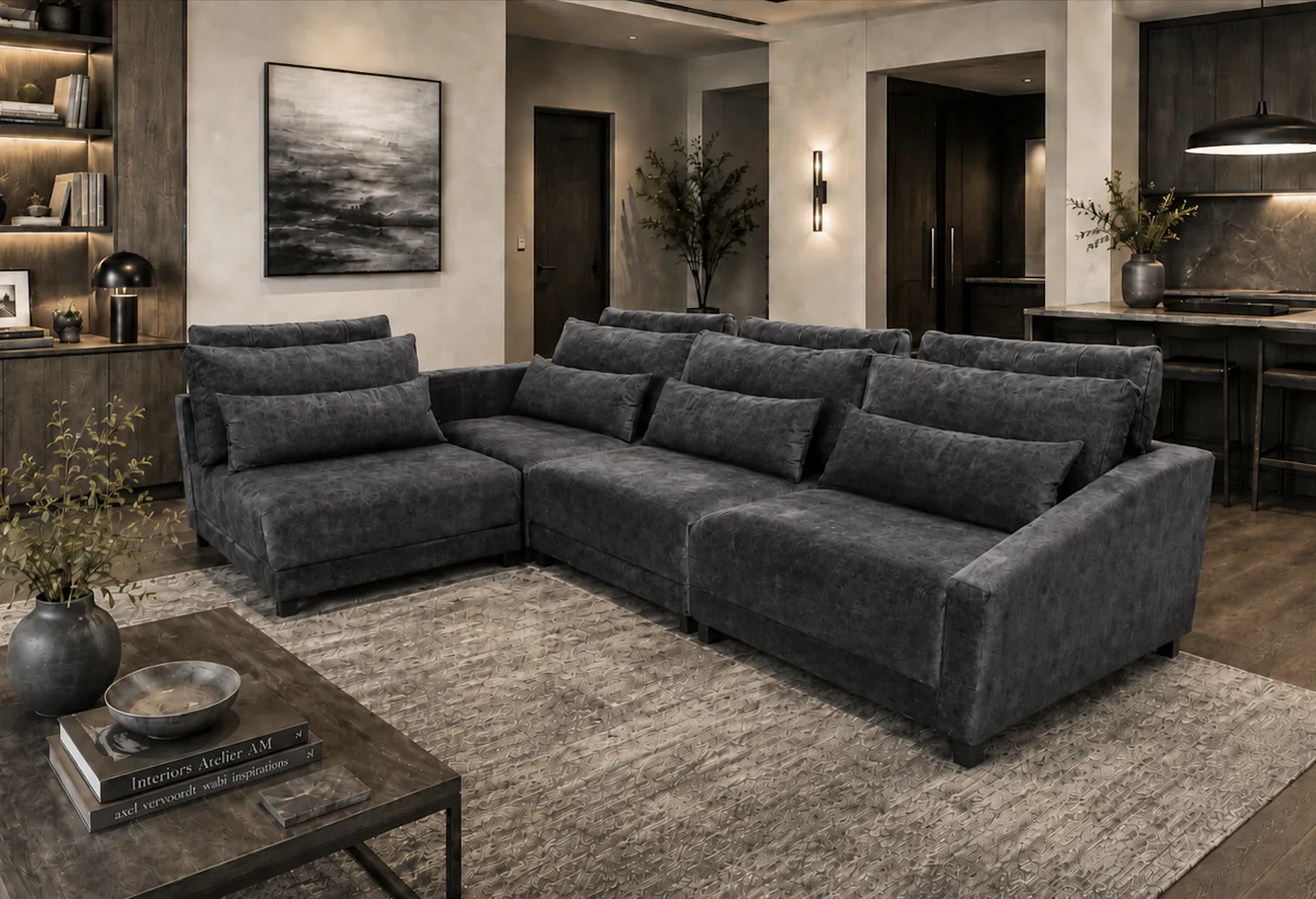 Charcoal corner sofa with fold-down headrests