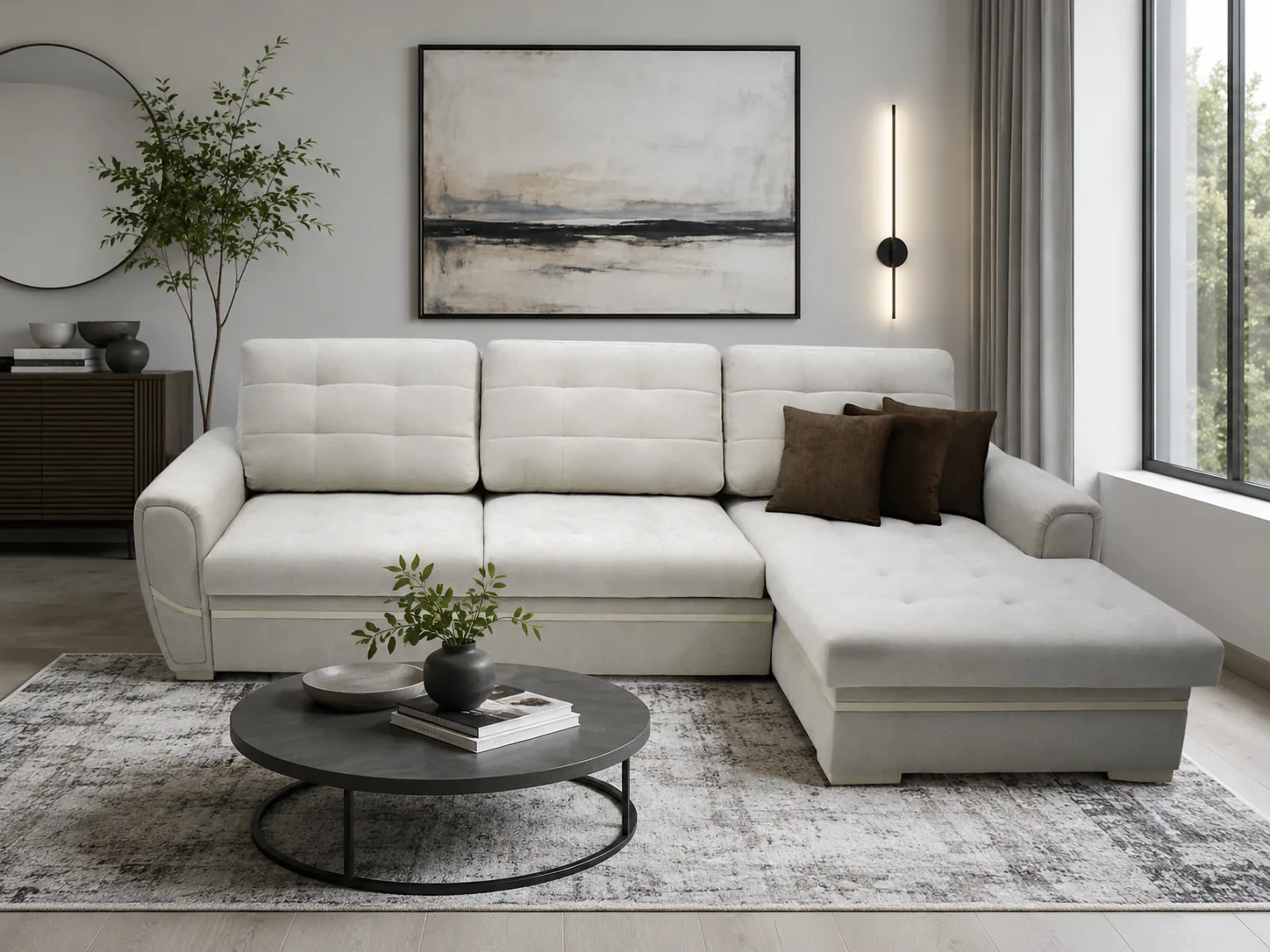 Cream corner sofa with a chaise and dark cushions