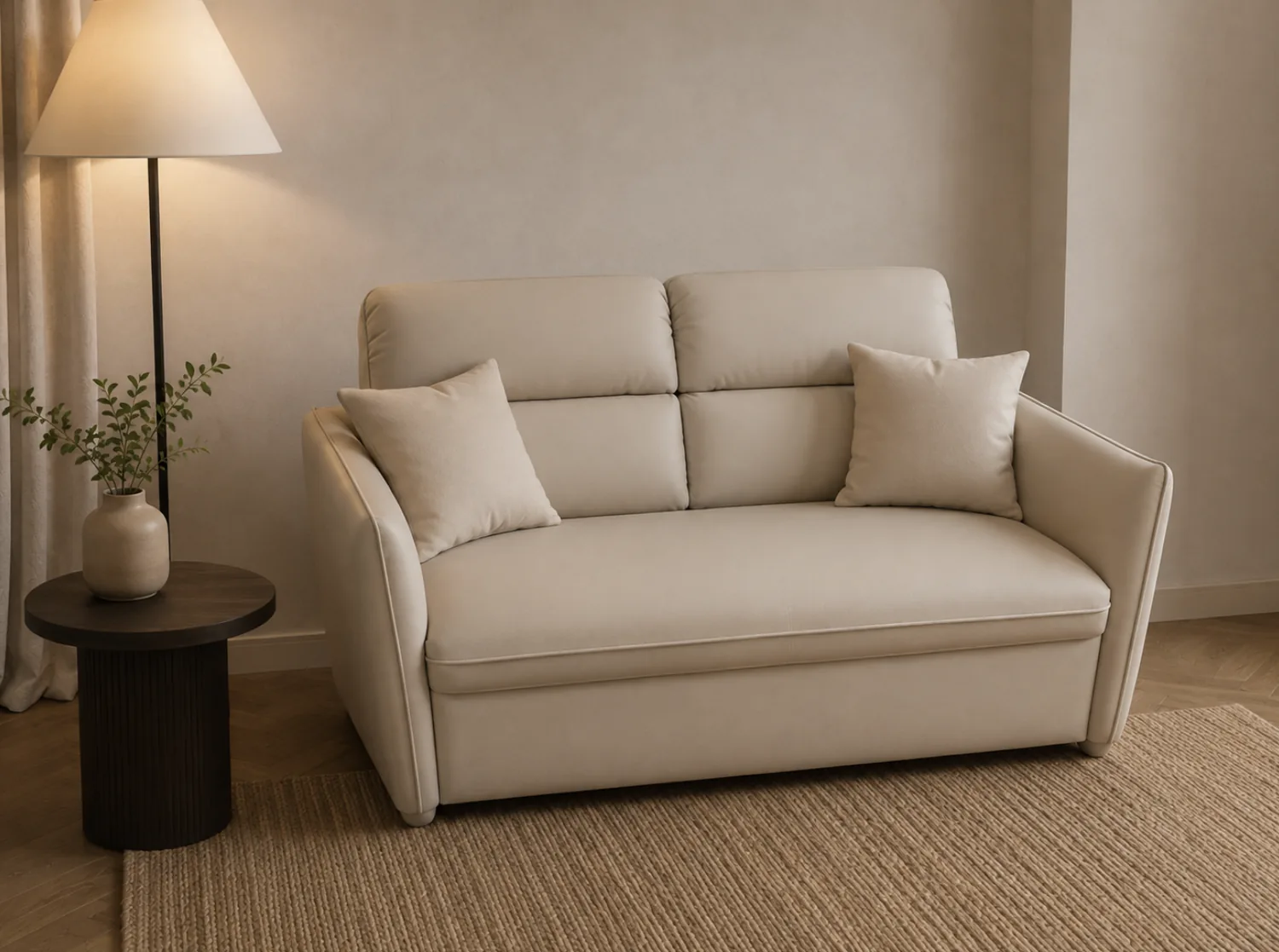 Compact cream sofa with squared arms