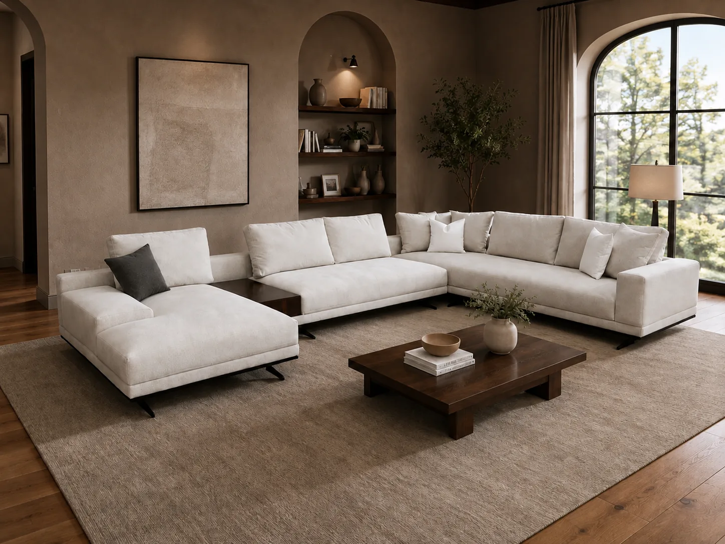 Large cream corner sofa in an arched, daylit room
