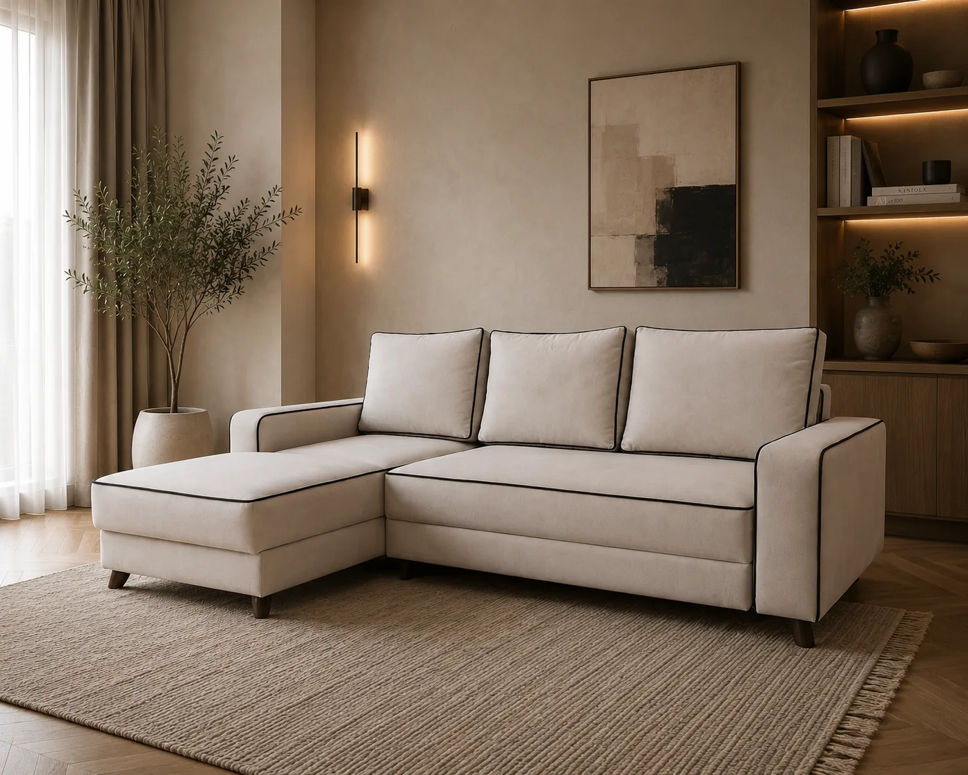 Cream corner sofa with contrast piping and a chaise