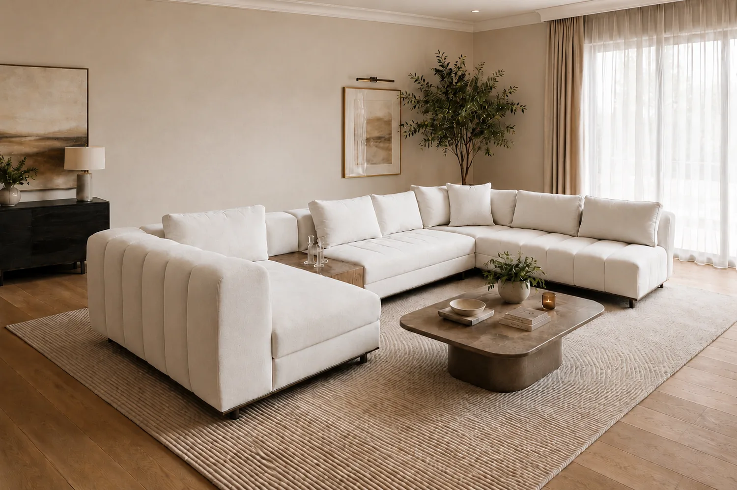 Cream channel-tufted U-shaped corner sofa