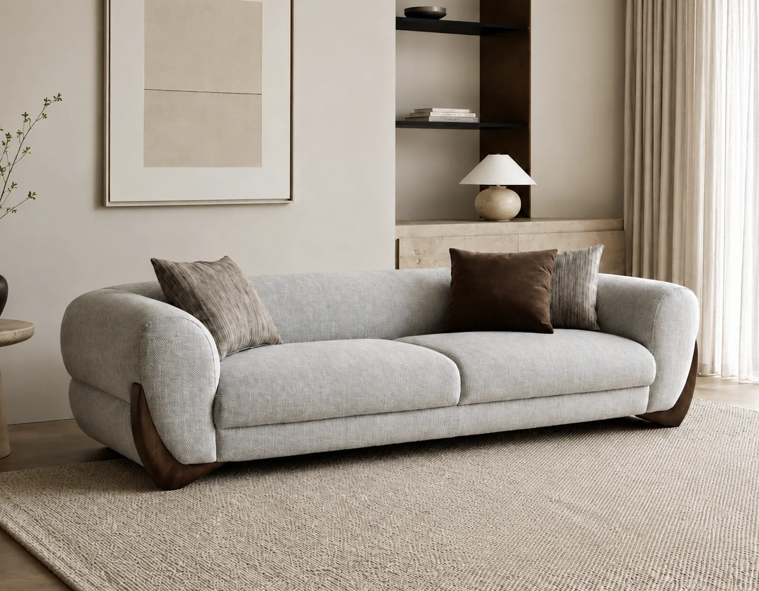Cream sofa with sculpted walnut arms