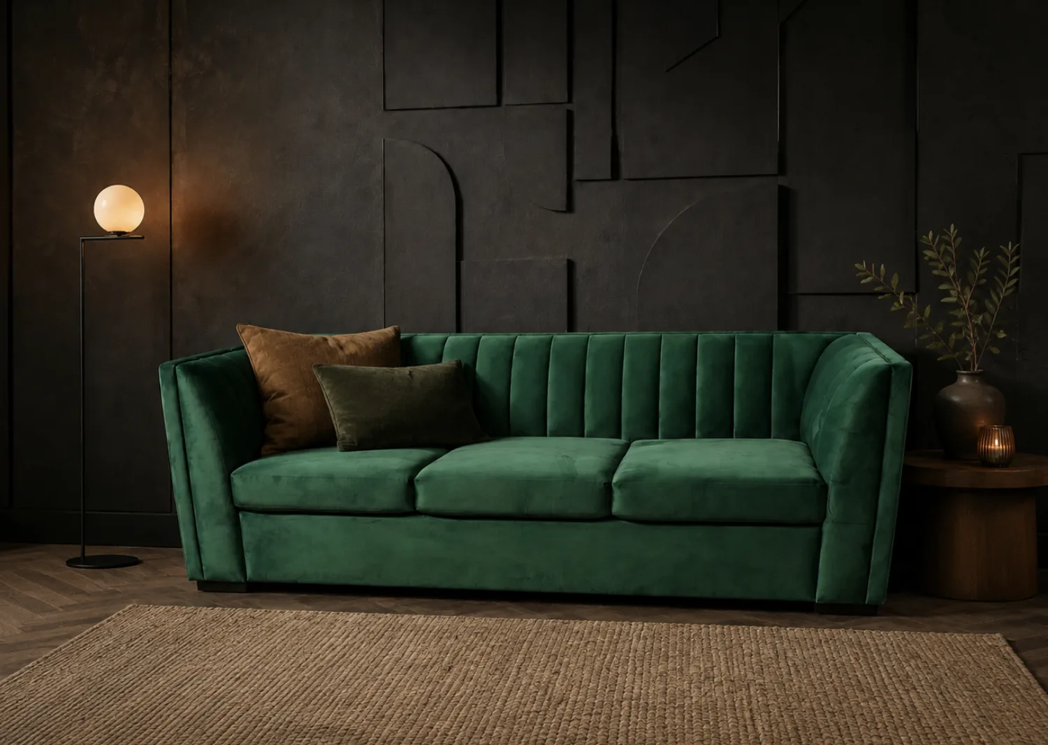 Emerald green channel-tufted sofa against a dark panelled wall