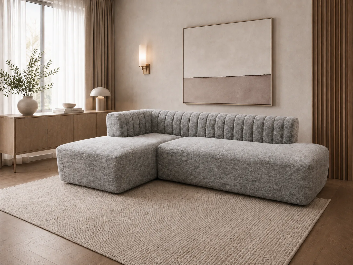 Grey channel-tufted corner sofa with a long chaise