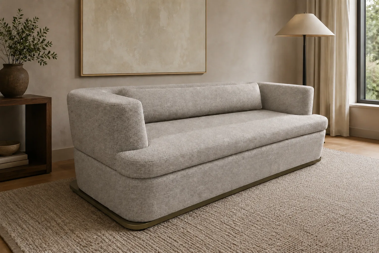 Grey tweed sofa with a rounded back and pale wood base