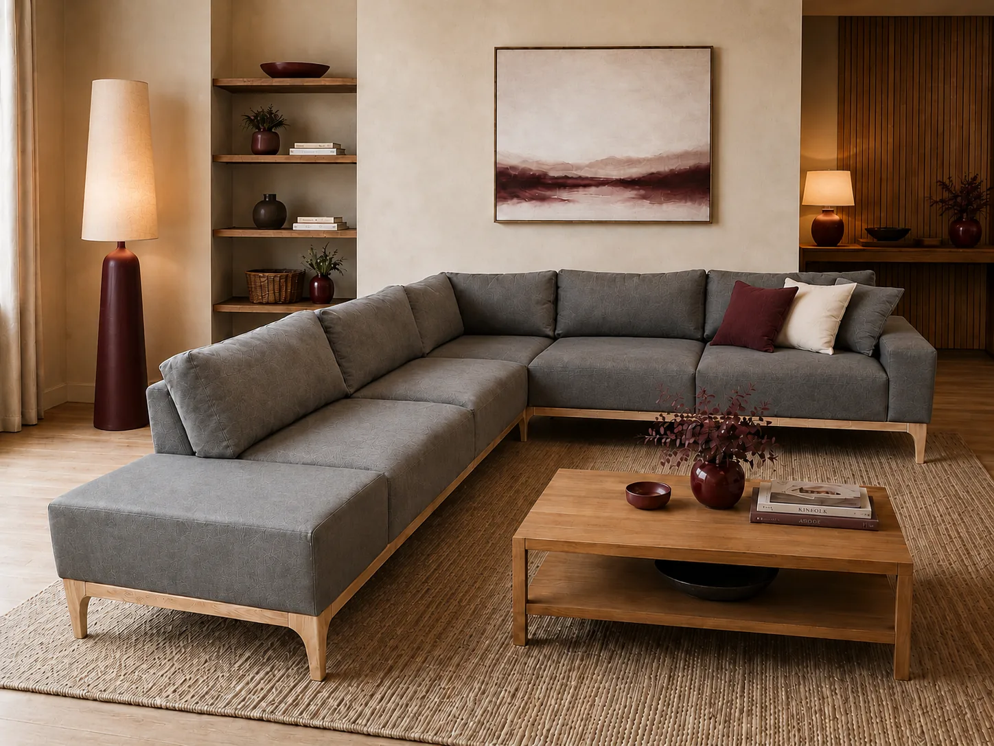 Grey U-shaped corner sofa on a pale wood base