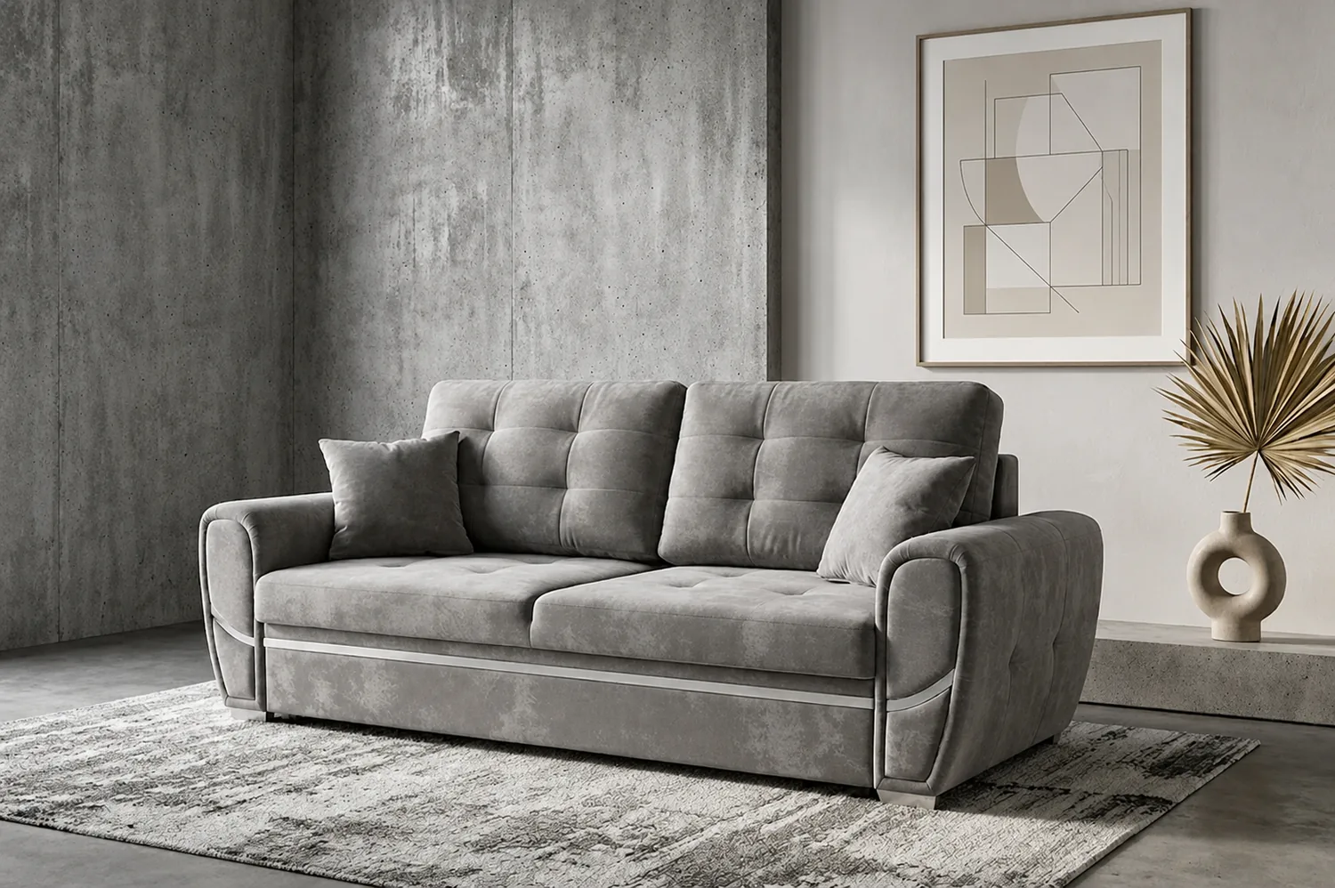 Grey velvet sofa with buttoned back and rolled arms