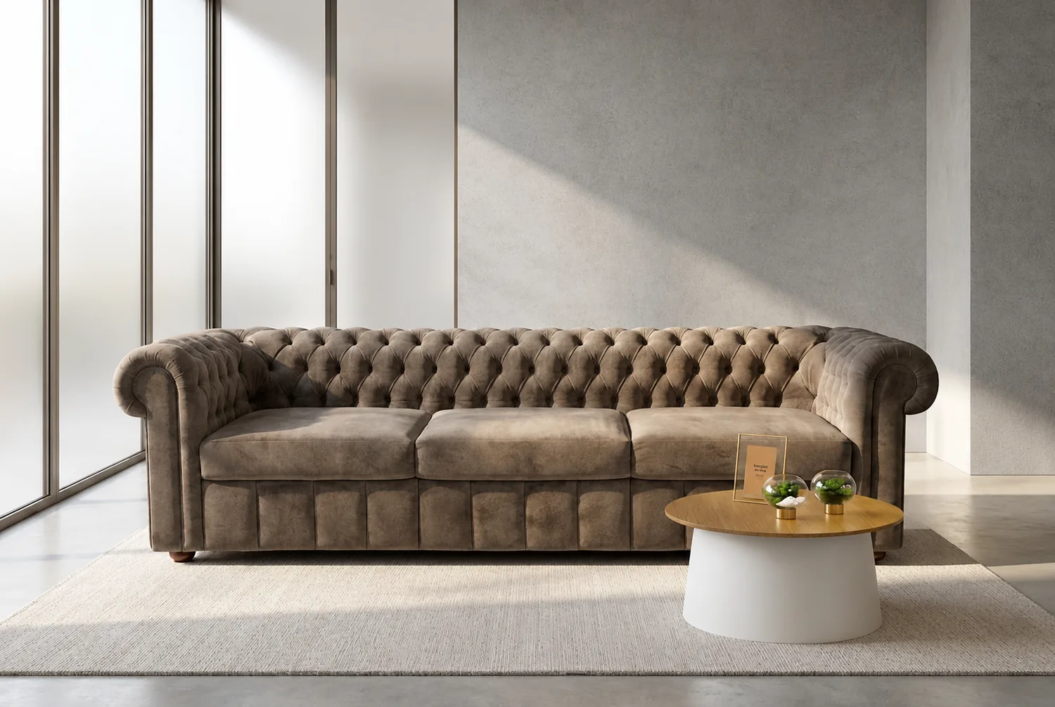 Brown leather Chesterfield with deep buttoning