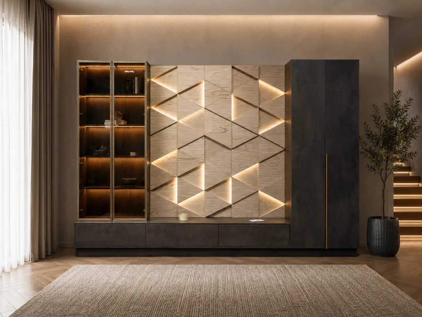 Dark storage wall with lit vitrine and backlit geometric timber panelling