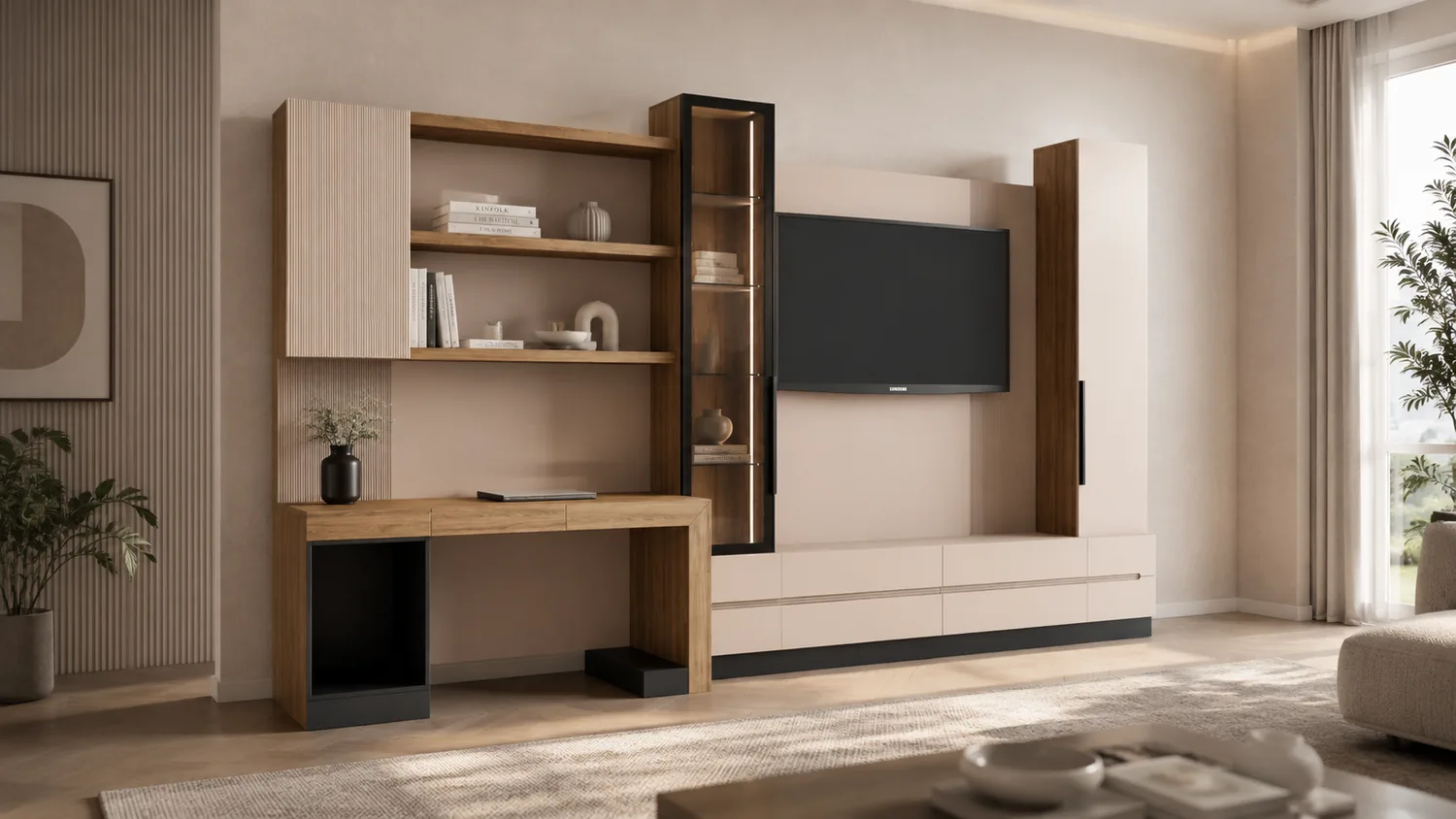 Oak media wall with open shelving, desk and cabinetry