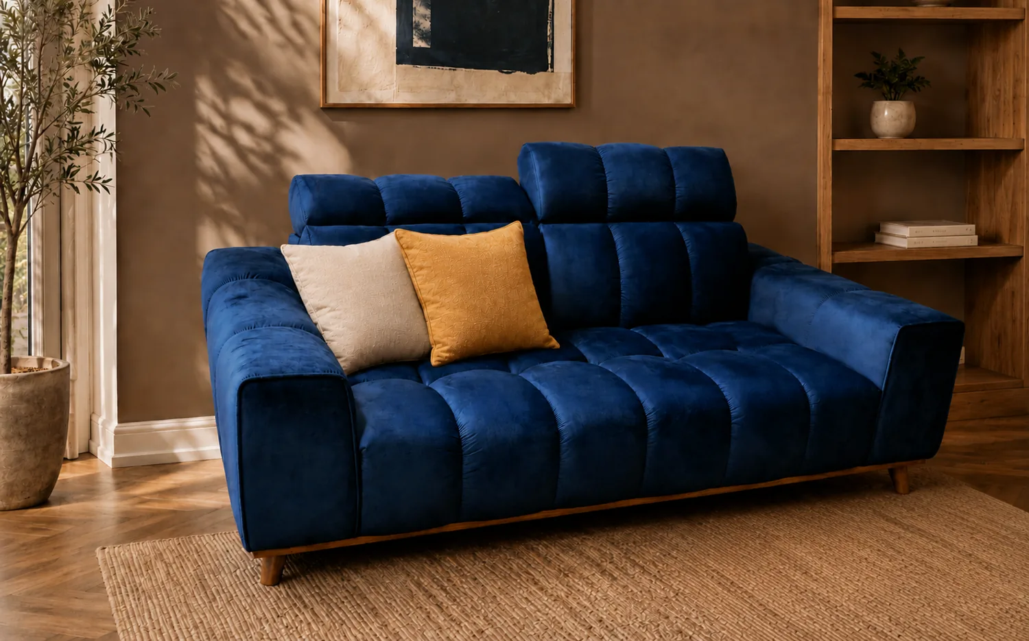 Navy velvet sofa with deep grid tufting and a wood base