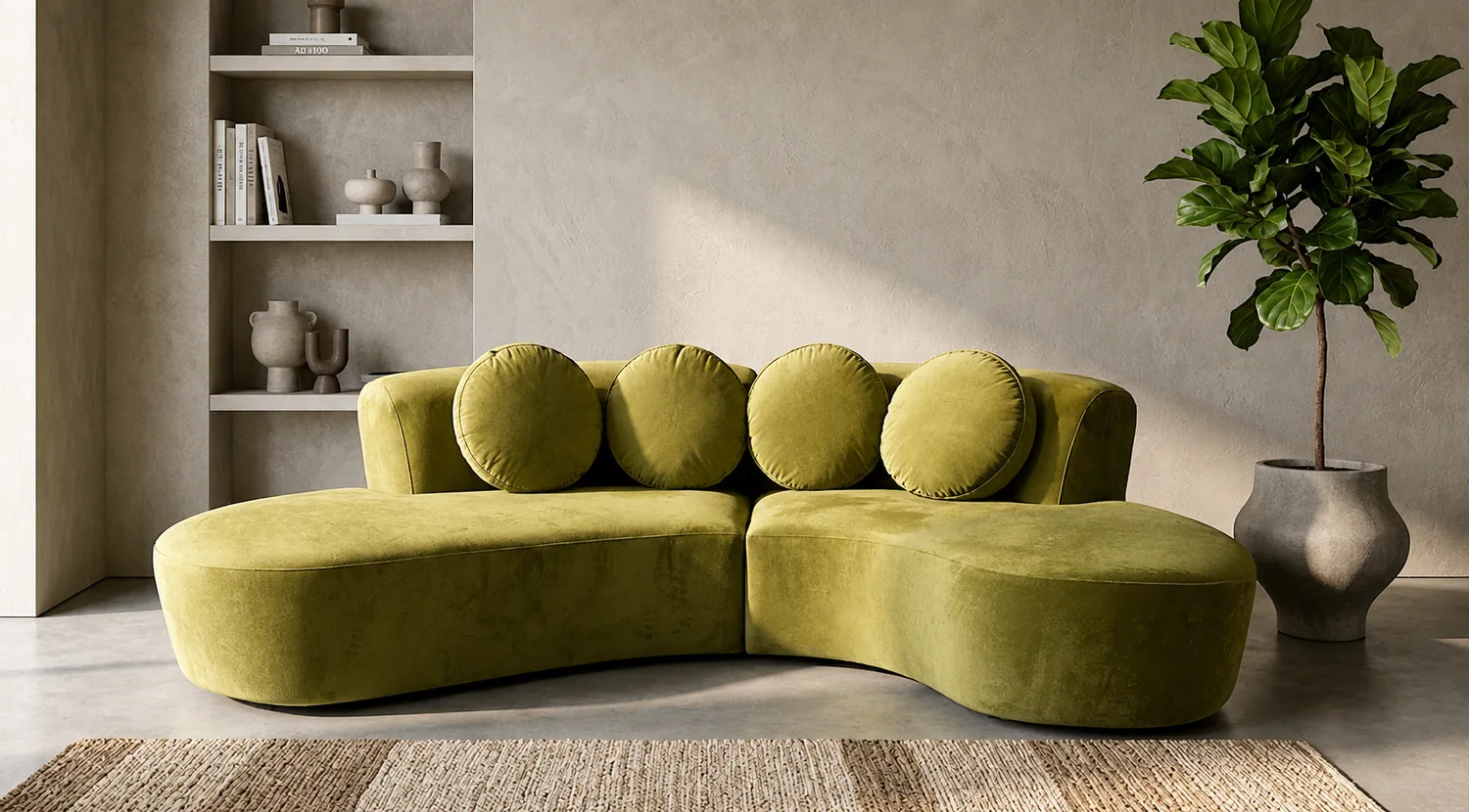 Olive velvet curved sofa with bolster cushions
